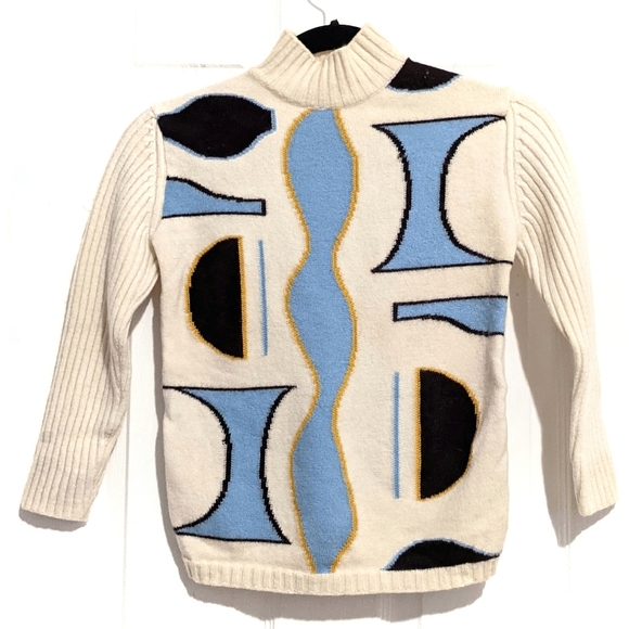 Louis Feraud Sweaters - Louis Feraud Vintage Merino Wool Mockneck Pullover Knit Sweater Cream Art Deco